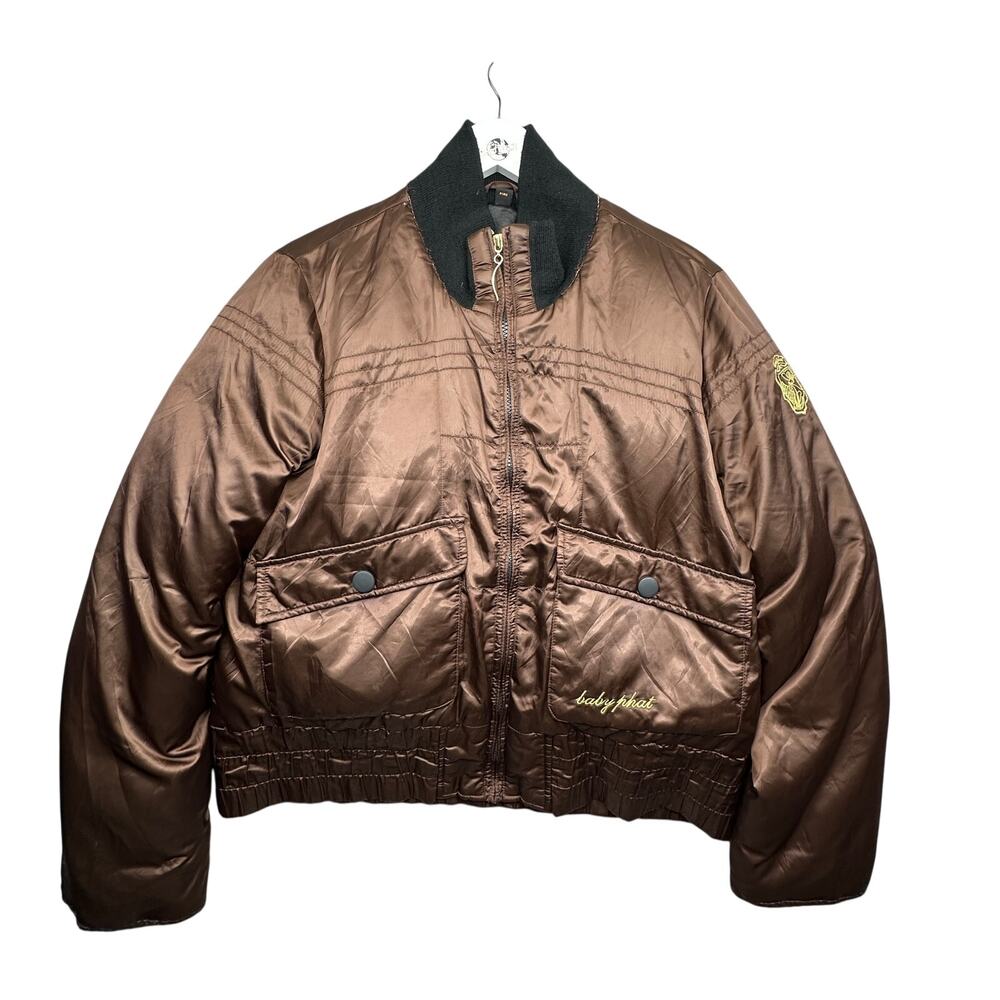 Vintage Y2K Baby Phat Down Puffer Bomber Jacket Womens Large Brown Satin Zip
